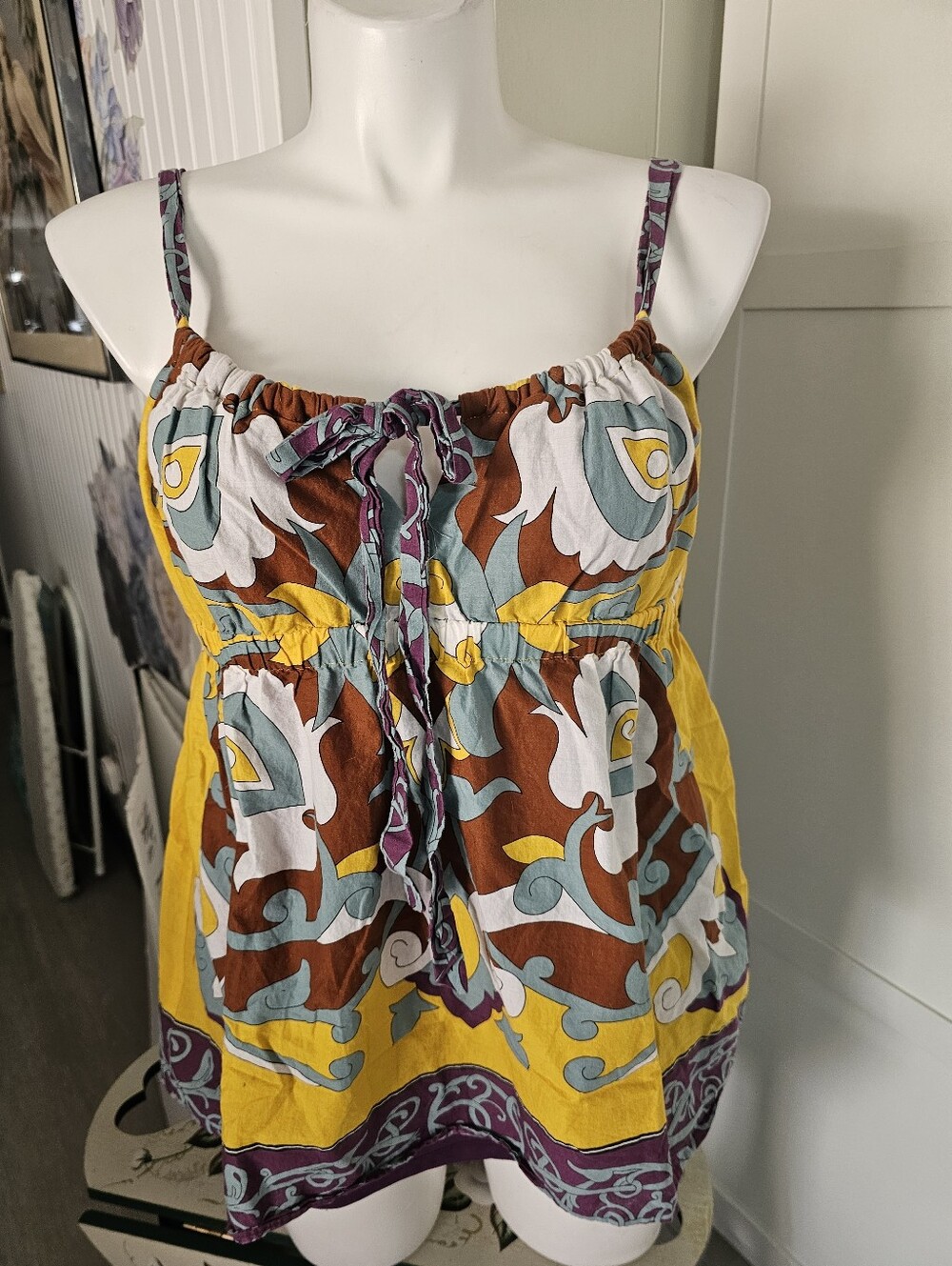 Nicole Nicole Miller Sleeveless Blouse Womens XL Yellow Brown Paisley Tank Top